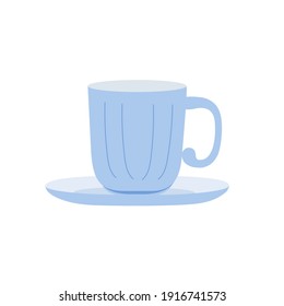 Tea cup with saucer, delicate blue kitchen porcelain, breakfast tableware, cozy home eco-friendly concept, hand drawn vector illustration