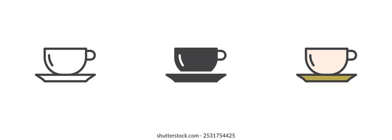 Tea cup with saucer different style icon set. Line, glyph and filled outline colorful version, outline and filled vector sign. Cafe symbol, logo illustration. Vector graphics