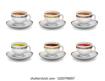 Tea Cup and saucer with gold silver and bronze relief pattern, coffee, green tea and a vintage Cup of karkade, classic design in the Baroque style, luxury Palace style. Vector illustration isolated