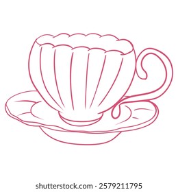 Tea Cup with Saucer – Hand-Drawn Elegant Tea Time Illustration, Cozy and Aesthetic Drinkware in Delicate Line Art Style