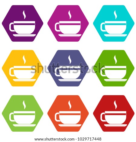 Tea cup and saucer icon set many color hexahedron isolated on white vector illustration