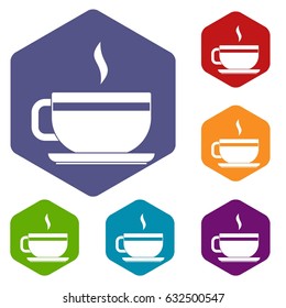 Tea cup and saucer icons set hexagon isolated vector illustration