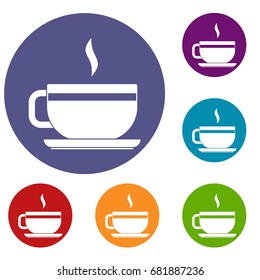 Tea cup and saucer icons set in flat circle red, blue and green color for web