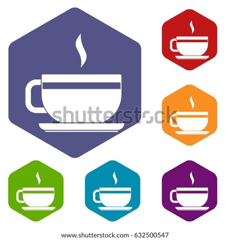 Tea cup and saucer icons set hexagon isolated vector illustration