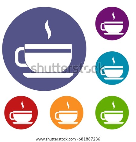 Tea cup and saucer icons set in flat circle red, blue and green color for web