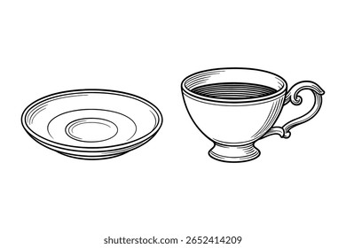 Tea Cup and Saucer Illustration Detailed Line Art for Beverage Service Design