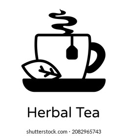Tea cup in a saucer with leaf denoting herbal tea icon