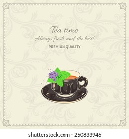 Tea cup and saucer with mint leaves on seamless background with frame