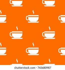 Tea cup and saucer pattern repeat seamless in orange color for any design. Vector geometric illustration