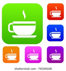 Tea cup and saucer set icon color in flat style isolated on white. Collection sings vector illustration