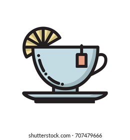 Tea cup and saucer with slice of lemon and teabag label, thin line flat icon, vector illustration isolated on white background. Flat style thin line icon of burning black tea cup with slice of lemon