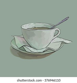 tea cup, saucer and spoon napkin vector isolated