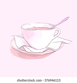 tea cup, saucer and spoon napkin vector isolated