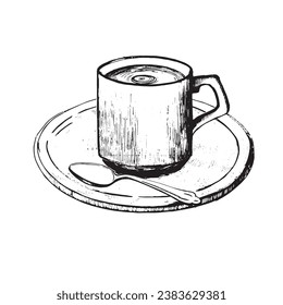 Tea cup with saucer and spoon on a white background, drawn in vector in black. Suitable for printing on fabric and paper, for designing menus and sheets, for invitations and business cards.