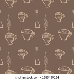 tea cup seamless pattern. hand drawn vector illustration of brown color.