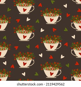 Teebecher nahtloses Muster. Kräutertee. Dekorative Herzen. Design der Küchen. Vektorgrafik.