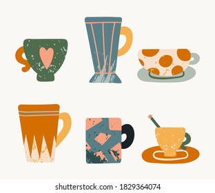 Tea cup set. Hand drawn textured colorful kitchen cartoon ceramic tableware, cups with plate and mugs different forms geometric pattern. Cartoon home or cafe crockery flat vector isolated collection