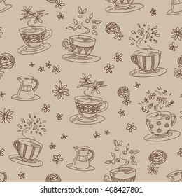 Tea cup set, vector seamless pattern in doodle line art style. Different sort of tea: vanilla, chamomile, blueberry and herbal. Teatime, food design, menu, textile.