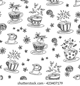 Tea cup set, vector seamless pattern in doodle line art style. Different sort of tea: vanilla, chamomile, blueberry and herbal. Teatime, food design, menu, textile, coloring book for adults.