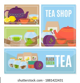 Tea cup at shop banner, vector illustration. Graphic mug with drink, vintage cafe poster set. Teapot with aroma herbal beverage collection, organic lemon, leaf and package drawn concept.