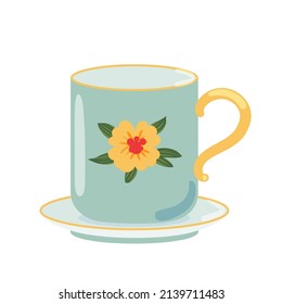 Tea cup side view decorated with design elements flat cartoon illustration. Colored mug hand drawn trendy vector design. Cute trendy crockery with handle for drink isolated on a white background