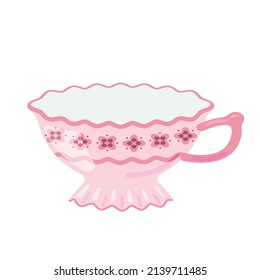 Vista lateral del vaso de té decorada con elementos de diseño ilustración de dibujos animados planos. Diseño vectorial a la moda dibujado a mano con una taza de cerdo. Una vajilla moderna y agradable con un pomo para beber aislada en un fondo blanco