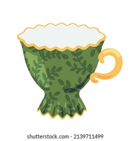 Tea cup side view decorated with design elements flat cartoon illustration. Colored mug hand drawn trendy vector design. Cute trendy crockery with handle for drink isolated on a white background