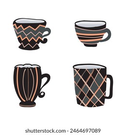 Tea cup silhouette Clip art Set. Doodle icon, hand drawn decorative stroke line, black pink stripe colored cartoon flat design. Various isolated elements. Cute Vector illustration