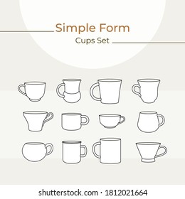 Tea cup simple form vector illustration set. Vector line illustration isolated mug logo icon cafe menu banner flayer. Tea cup logo coffee shop. Silhouette tea demitasse coffee mug isolated background