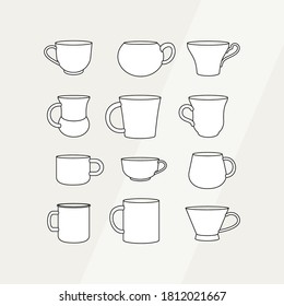 Tea cup simple form vector illustration set. Vector line illustration isolated mug logo icon cafe menu banner flayer. Tea cup logo coffee shop. Silhouette tea demitasse coffee mug isolated background