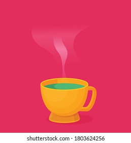Tea cup with smoke. Flat vector isolated on color background