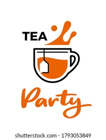 Tea cup with splashes and lettering. Tea party poster design. Simple line vector illustration or icon.