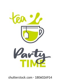Té con salpicaduras y letras. Diseño de afiches para fiestas de té. Icono o ilustración de vector de línea simple.