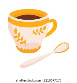Té con cuchara, bebida caliente para el desayuno. Ilustración del vector aislada en fondo blanco