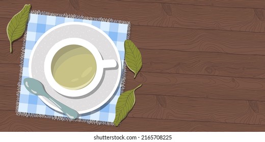 Tea cup and spoon on the table. Trendy top down view illustration with wooden background. Modern minimalistic hand drawn cafe space design for web card, banner.