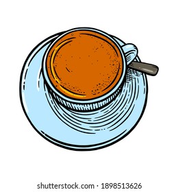 Tea cup with spoon and saucer. Sketch of tea mug. Engraved vector illustration
