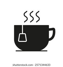 Tea Cup With Steam Silhouette Icon. Hot Drink With Tea Bag Glyph Symbol. Warm Beverage With Steam. Isolated Vector Illustration.