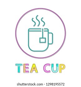 Tea cup steaming with drawstring teabag rounded linear icon isolated. Hot beverage color flat illustration in frame for break or pastime promo poster.
