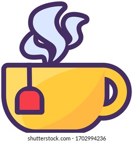 Tee-Cup-Dampf, einzelne Umarmung mit Teebeutel-Vektorillustration Illustration. Cup mit heißem Tee-Getränk auf weißem Hintergrund, Morgentrinkkonzept