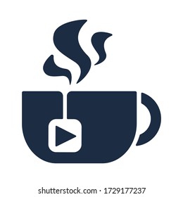 Tea Cup Steaming, Isolated Mug with Media Player Button on Tea Bag Vector Illustration. Cup With Hot Beverage On White Background, Coffee Break Morning Drink Concept