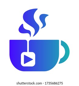 Tea Cup Steaming, Isolated Mug with Media Player Button on Tea Bag Vector Illustration. Cup With Hot Beverage On White Background, Coffee Break Morning Drink Concept