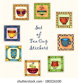 Tea cup stickers isolated on white background for beverage product design
