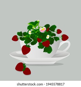Tea cup with strawberries. Vector illustration.