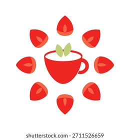 a tea cup surrounded by sliced strawberries