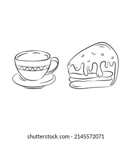 Tea cup,  sweet cake icons set. Sketch style, hand drawn doodle black ink paint brush stroke line. Outline isolated elements, white background. Vector illustration