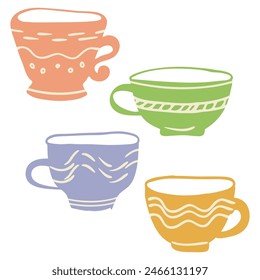 Tea cup symbol Clip art Set. Doodle icon, hand drawn decorative stroke line, colorful silhouette, retro pastel color cartoon flat design. Isolated elements. Vector illustration