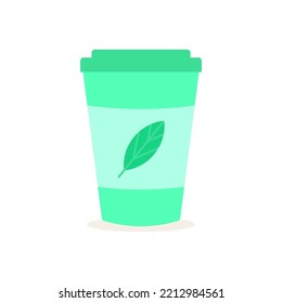 Tea cup takeaway isolated on white background. Green paper cup with leaf. Cartoon tasty drink clip art. Beautiful flat vector illustration