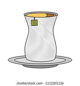 tea cup with teabag beverage on dish