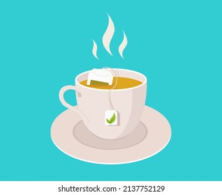 Tea cup with teabag. Fresh mug of tea with smoke. Icon of cup on plate with hot drink. Flat illustration isolated on blue background. Poster for breakfast in cafe or restaurant. Vector.