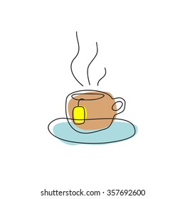 Tea cup with teabag hand drawing linear simple illustration